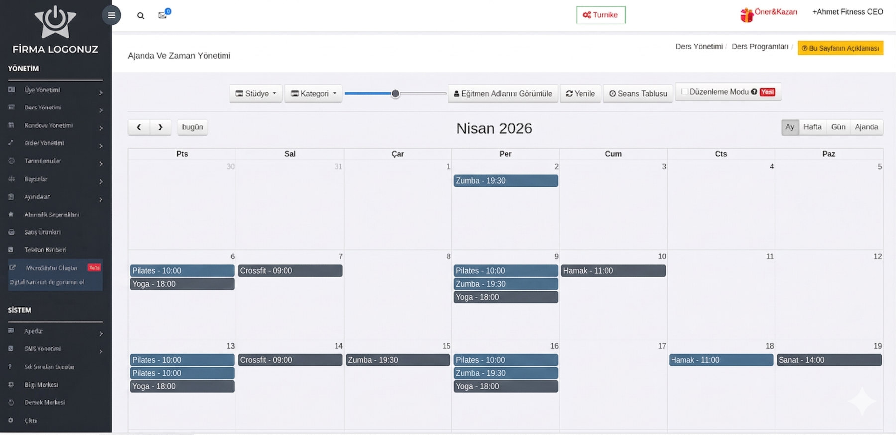 BulutGym Ajanda ve Zaman Yönetimi Dashboard